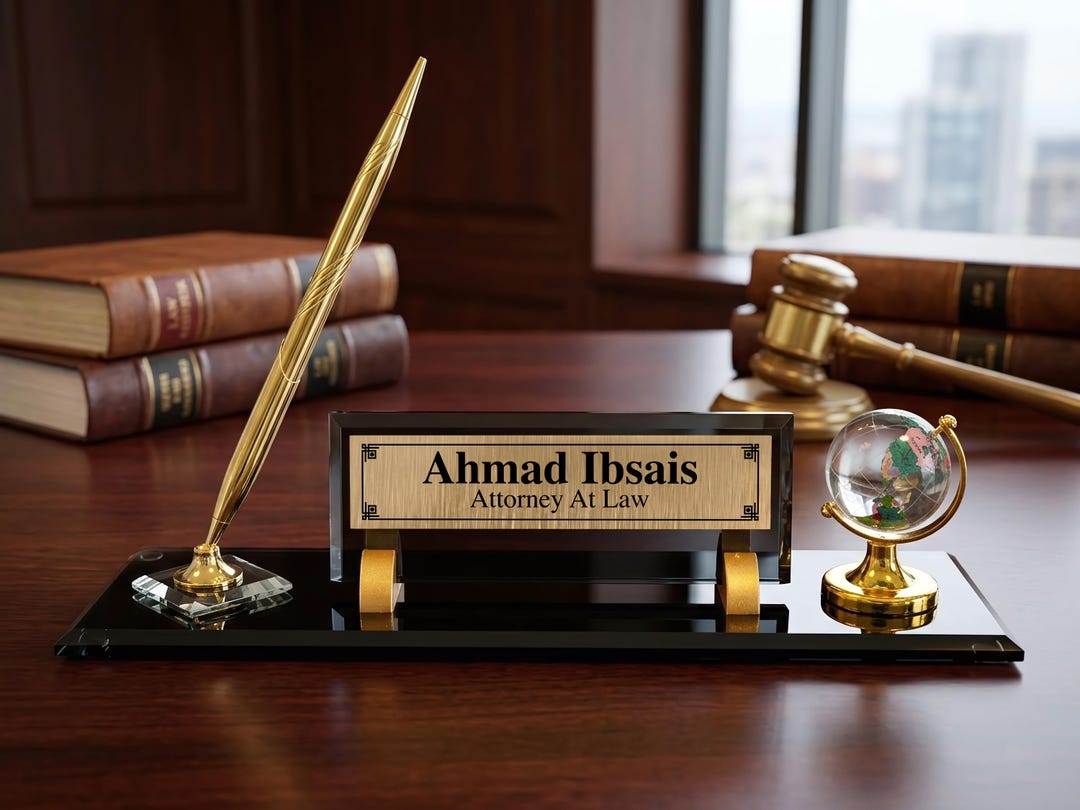 Crystal Glass Attorney Name Plate | Metal Name Sign, Globe, Gold Pen - Etsy