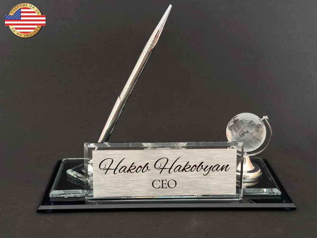 Personalized Silver Crystal Desk Set With World Globe, Pen and Quartz ...