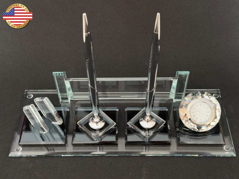 Personalized Crystal Desk Set | Dual Pens, Clock, Card Holder, Name ...