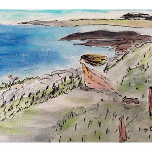 May include: Watercolor painting of a coastal scene. A figure with flowing hair and a peach-colored garment sits on a grassy hillside overlooking the blue ocean. The artwork features a light blue sky and a rocky shoreline.