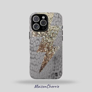 Grey Leopard & Golden Lightning chic Phone Case for iPhone, Samsung, Google pixel