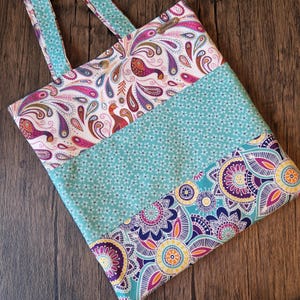 Tote Bag Paisley Peacocks and Floral Design Teal Multi Cotton Fabric Fully Lined