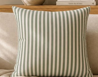Sage Green And Off-White Striped Pillow Cover Ticking Stripe Cushion Coastal Cottage Throw Pillow French Country Bedroom Decor