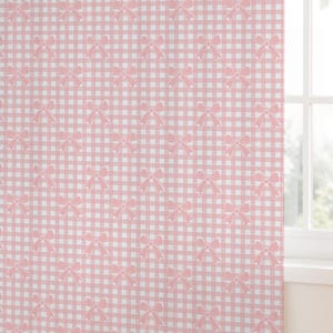 Pink Bow Gingham Blackout Curtains - Gingham Pattern Window Curtain, Room Darkening Drapes, Nursery Decor, Bedroom Curtain Panel, Pink Home