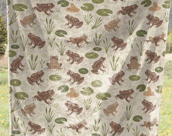 Frog Pattern Velveteen Plush Blanket Pond Lily Nature Inspired Cozy Throw for Reading Nooks Cottagecore Home Decor
