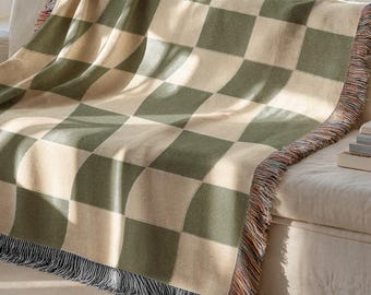 Cozy Green & Beige Checkered Woven Blanket | Retro Mid-Century Modern Throw | Boho Geometric Cotton Home Decor