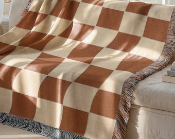 Terracotta & Cream Checkered Woven Blanket | Retro Checkerboard Throw | Boho Mid-Century Modern Home Decor | Cozy Geometric Cotton Blanket