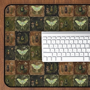 Dark Botanical Patchwork Desk Mat Vintage Entomology Moth And Beetle Mouse Pad Whimsigoth Aesthetic Nature Inspired Office Decor Gift