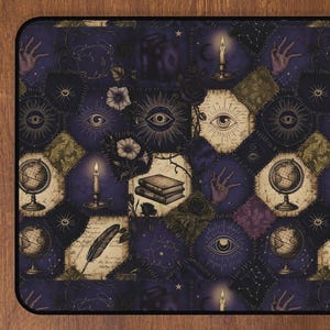 Occult Patchwork Desk Mat Witchy Tarot Eyes Hands Candles Dark Academia Aesthetic Large Mouse Pad Gothic Desk Pad Indigo Gold Workspace