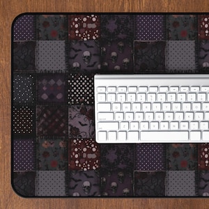 Gothic Patchwork Desk Mat Dark Floral Skull Mouse Pad Goth Aesthetic Desk Pad Purple Black Checkerboard Keyboard Mat Alternative Workspace