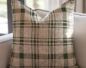 Cozy Green Beige Plaid Woven Pillow - Rustic Farmhouse Tartan Cushion, Boho Throw Pillow, Green Plaid Accent Home Decor, Housewarming Gift