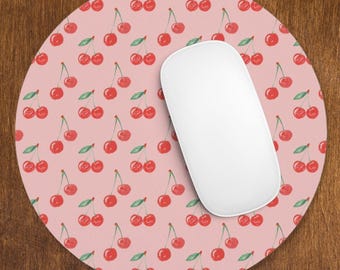 Cherry Mouse Pad | Pink Cherry Print Round Mouse Mat | Cute Desk Accessory | Cherry Office Decor | Gift for Girls & Students