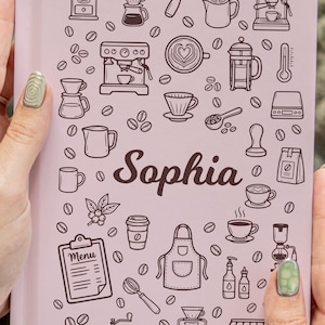 Personalized Barista Coffee Doodle Notebook Custom Name Coffee Shop Journal Gift For Barista Coffee Lover Café Inspired Hardcover Journal