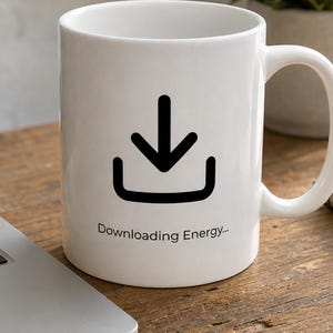 Könnte beinhalten: Ein weißer Keramikbecher mit einem schwarzen Download-Symbol, das über dem Text "Downloading Energy..." in einer einfachen serifenlosen Schrift zentriert ist. Der Becher hat eine zylindrische Form mit einem geschwungenen Henkel.