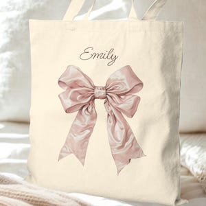 Personalized Pink Satin Bow Tote Bag – Custom Name Canvas Bag, Gift for Her, Bridal Shower Favor, Reusable Grocery Bag, Coquette Aesthetic