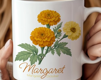 Personalized October Birth Flower Mug | Custom Marigold Coffee Cup | Ceramic Tea Cup Gift | Birthday Gift for Her or Him | 11oz & 15oz