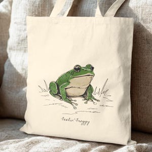 Funny Frog Tote Bag - &#39;&#39;Feelin&#39; Froggy&#39;&#39; Cute Amphibian Pun, Eco-Friendly Canvas Bag for Frog Lovers, Gifts, or Everyday Use