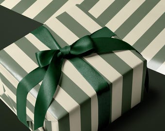 Sage Green Cream Striped Wrapping Paper Retro Vertical Stripe Gift Wrap Roll Modern Minimal Present Packaging