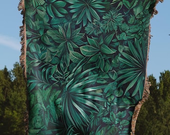 Tropical Foliage Woven Blanket Green Jungle Leaf Throw Boho Tropical Decor Nature Wall Tapestry Cozy Botanical Cotton Throw Blanket