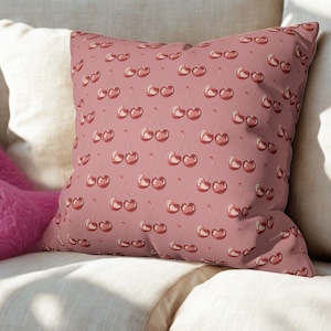 Cherry Pattern Pillow Cover, Faux Suede Pink Cherry Cushion Case, Cherry Home Decor Accent, Cherry Gift, Pink Cherry Print Pillowcase