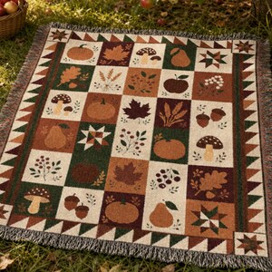 Autumn Harvest Patchwork Woven Blanket Fall Pumpkin Quilt Cottagecore Farmhouse Throw Rustic Botanical Tapestry