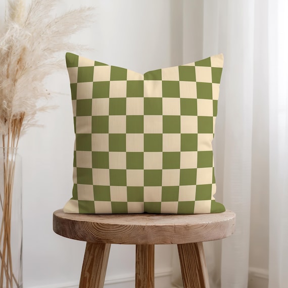 Olive Green & Cream Checkered Cushion | Retro Boho Pillowcase | Mid-Century Modern Throw Pillow | Geometric Home Accent