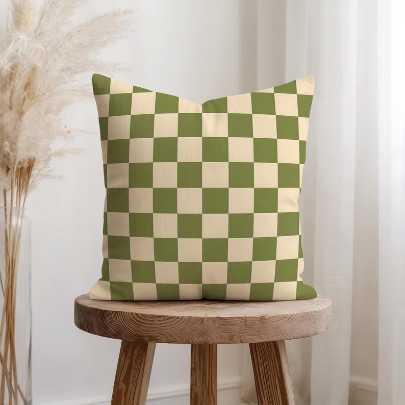 Olive Green & Cream Checkered Cushion | Retro Boho Pillowcase | Mid-Century Modern Throw Pillow | Geometric Home Accent