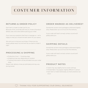 May include: A cream-colored page with the text "COSTUMER INFORMATION" at the top. The page is divided into sections detailing returns, order policies, processing, shipping, and product notes. A heart icon and text at the bottom reads "THANK YOU FOR SUPPORTING OUR SMALL BUSINESS!"