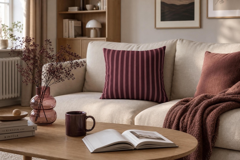 Burgundy Raspberry Striped Pillow Cover Retro Stripe Throw Pillowcase Dusty Rose Cushion Cover Modern Square Decorative Pillowcase