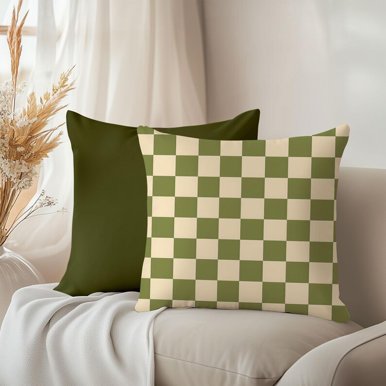 Olive Green & Cream Checkered Cushion | Retro Boho Pillowcase | Mid-Century Modern Throw Pillow | Geometric Home Accent