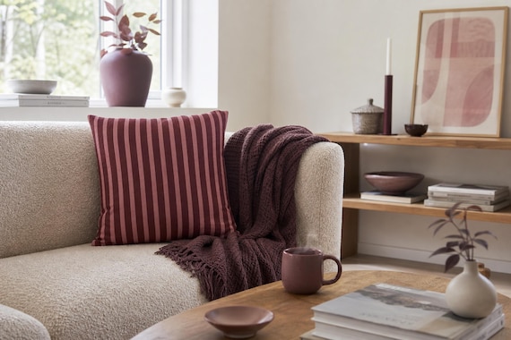 Burgundy Raspberry Striped Pillow Cover Retro Stripe Throw Pillowcase Dusty Rose Cushion Cover Modern Square Decorative Pillowcase