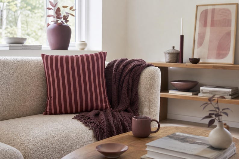 Burgundy Raspberry Striped Pillow Cover Retro Stripe Throw Pillowcase Dusty Rose Cushion Cover Modern Square Decorative Pillowcase