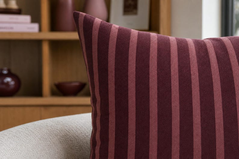 Burgundy Raspberry Striped Pillow Cover Retro Stripe Throw Pillowcase Dusty Rose Cushion Cover Modern Square Decorative Pillowcase
