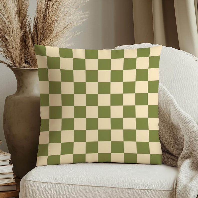 Olive Green & Cream Checkered Cushion | Retro Boho Pillowcase | Mid-Century Modern Throw Pillow | Geometric Home Accent