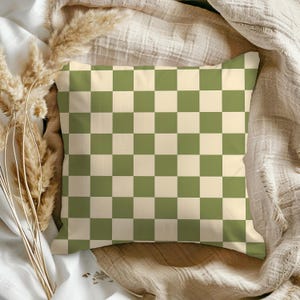 Olive Green & Cream Checkered Cushion | Retro Boho Pillowcase | Mid-Century Modern Throw Pillow | Geometric Home Accent