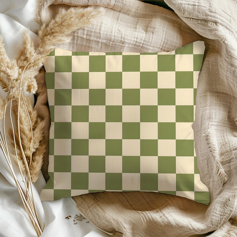 Olive Green & Cream Checkered Cushion | Retro Boho Pillowcase | Mid-Century Modern Throw Pillow | Geometric Home Accent