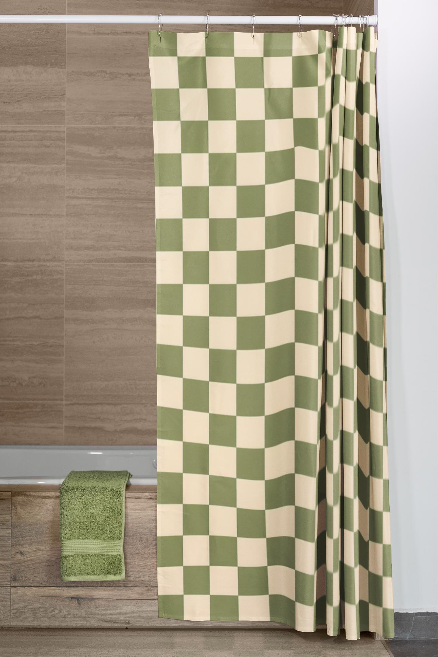 Duschvorhang Im Retro-70er-Look – Grünes Karomuster, 183 X 183 Cm, Wasserabweisend, Mit 12 Haken