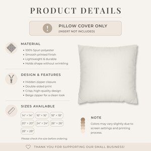 May include: A square, off-white pillow cover. The product details include material, design features, and available sizes: 14" x 14", 16" x 16", 18" x 18", 20" x 20", 24" x 24", 26" x 26", and 28" x 28". The pillow cover is made of 100% spun polyester with a hidden zipper closure.