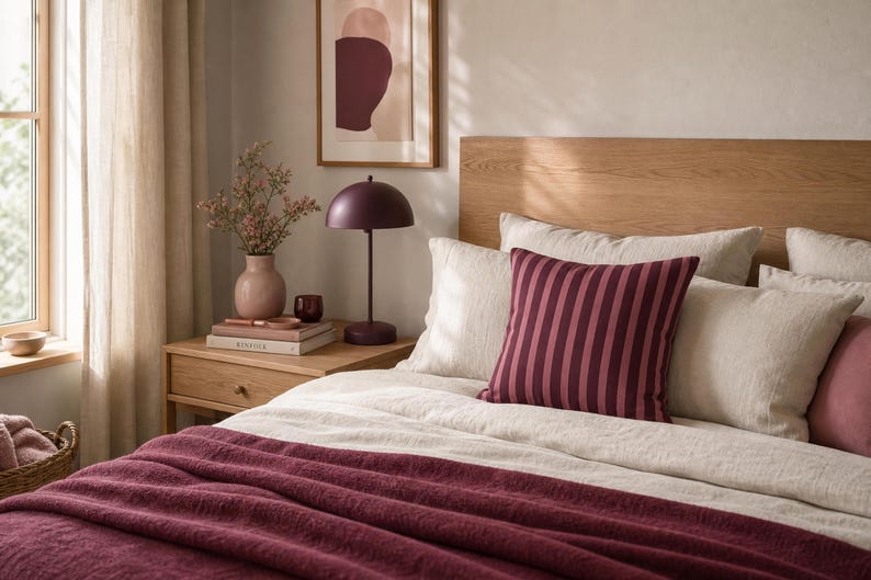 Burgundy Raspberry Striped Pillow Cover Retro Stripe Throw Pillowcase Dusty Rose Cushion Cover Modern Square Decorative Pillowcase