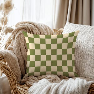 Olive Green & Cream Checkered Cushion | Retro Boho Pillowcase | Mid-Century Modern Throw Pillow | Geometric Home Accent