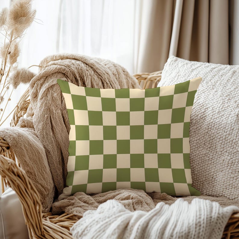 Olive Green & Cream Checkered Cushion | Retro Boho Pillowcase | Mid-Century Modern Throw Pillow | Geometric Home Accent