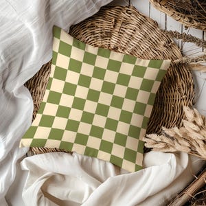 Olive Green & Cream Checkered Cushion | Retro Boho Pillowcase | Mid-Century Modern Throw Pillow | Geometric Home Accent