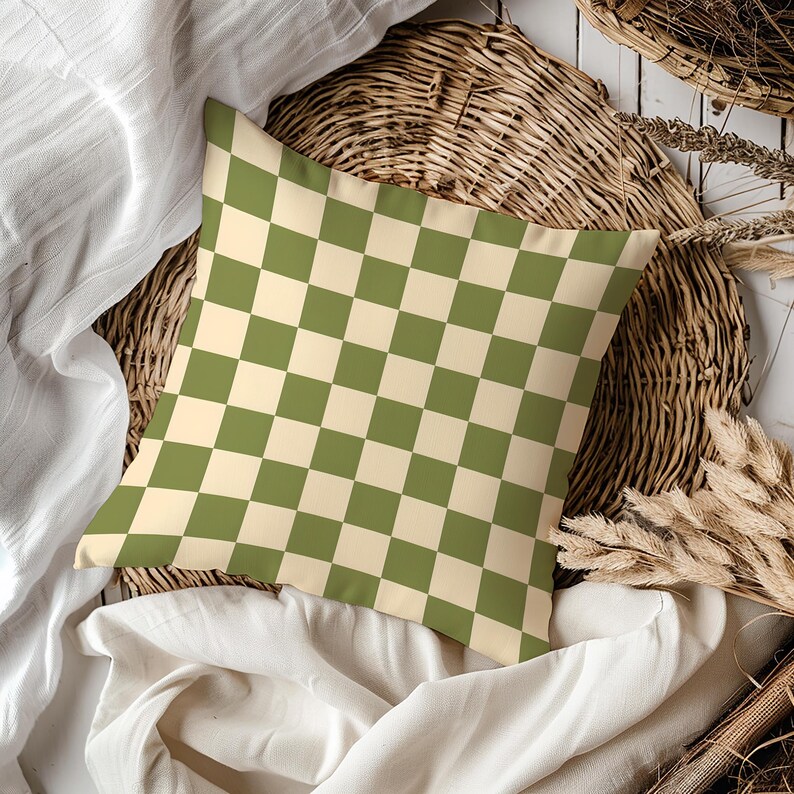 Olive Green & Cream Checkered Cushion | Retro Boho Pillowcase | Mid-Century Modern Throw Pillow | Geometric Home Accent