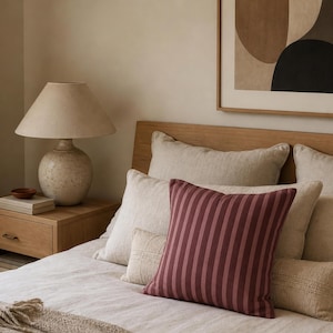 Burgundy Raspberry Striped Pillow Cover Retro Stripe Throw Pillowcase Dusty Rose Cushion Cover Modern Square Decorative Pillowcase