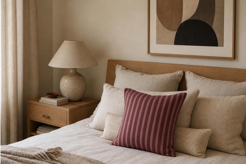 Burgundy Raspberry Striped Pillow Cover Retro Stripe Throw Pillowcase Dusty Rose Cushion Cover Modern Square Decorative Pillowcase