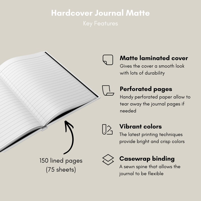 Puede incluir: Un diario de tapa dura abierto con cubierta mate, con 150 p&aacute;ginas rayadas. Las caracter&iacute;sticas clave incluyen una cubierta laminada mate, p&aacute;ginas perforadas, colores vibrantes y encuadernaci&oacute;n casewrap. El dise&ntilde;o del diario enfatiza la durabilidad y la flexibilidad.