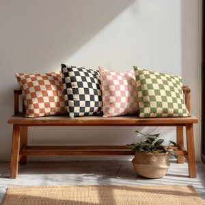 Olive Green & Cream Checkered Cushion | Retro Boho Pillowcase | Mid-Century Modern Throw Pillow | Geometric Home Accent
