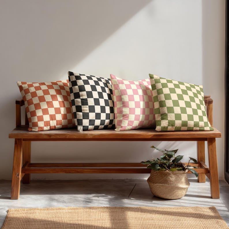Olive Green & Cream Checkered Cushion | Retro Boho Pillowcase | Mid-Century Modern Throw Pillow | Geometric Home Accent