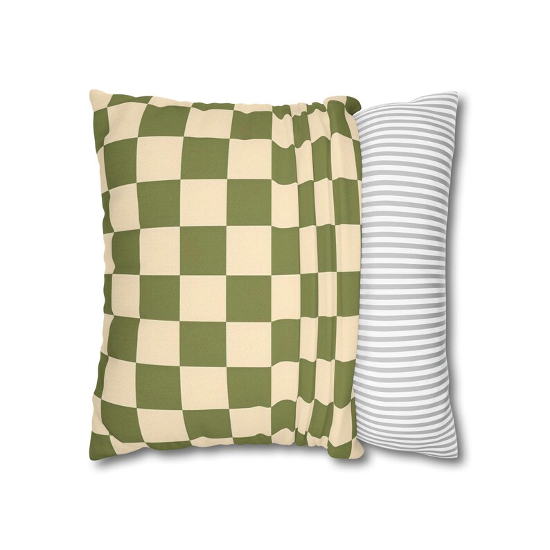 Olive Green & Cream Checkered Cushion | Retro Boho Pillowcase | Mid-Century Modern Throw Pillow | Geometric Home Accent