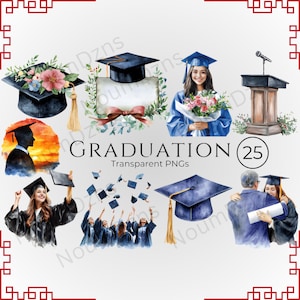 25 Aquarell Graduierung Clipart Bündel: Elegante Graduiertengrafiken, Kappen, Diplome, Transparente PNGs für Karten, Design